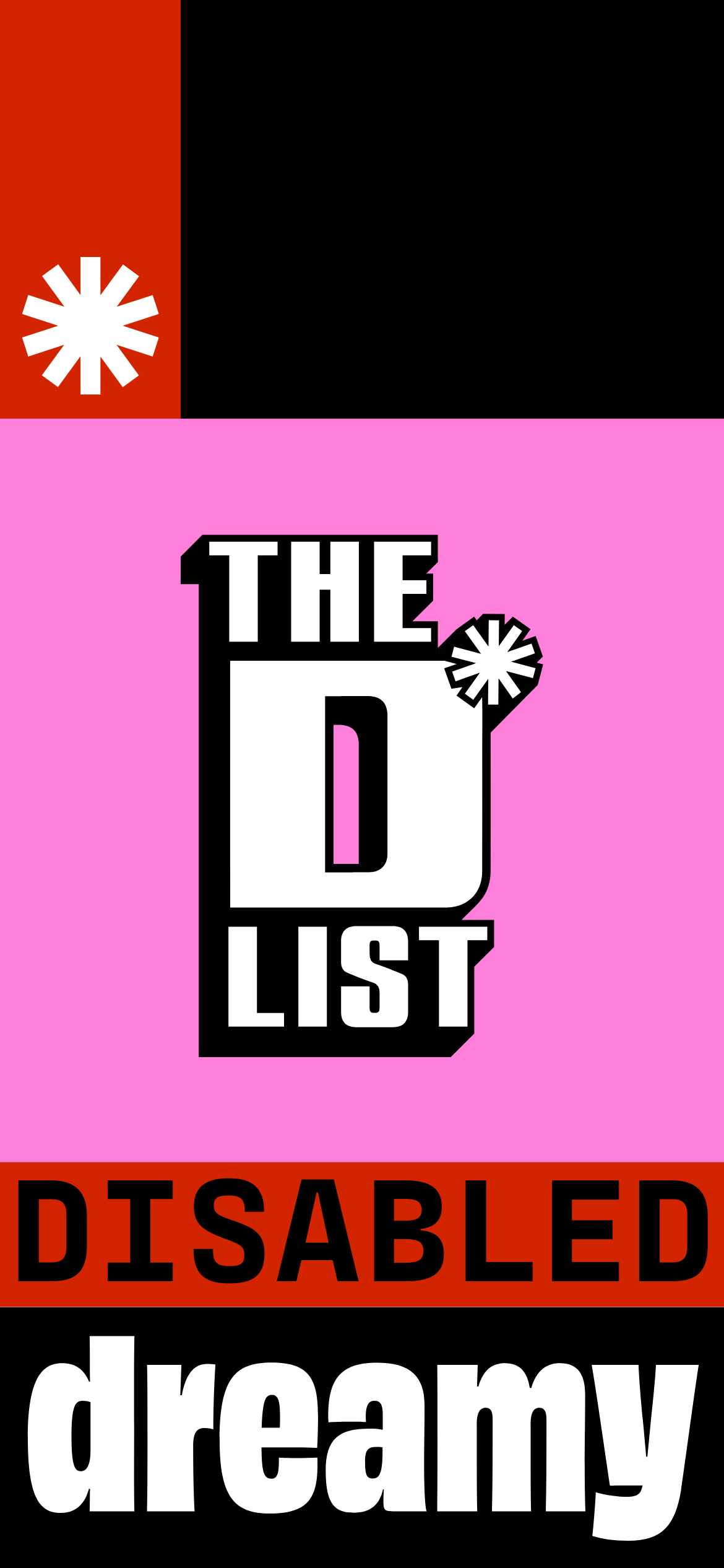 A mobile wallpaper of bold graphics with a pink and black background. "The D*List" logo in white letters is centred, with "DISABLED" in red and "dreamy" in white at the bottom.