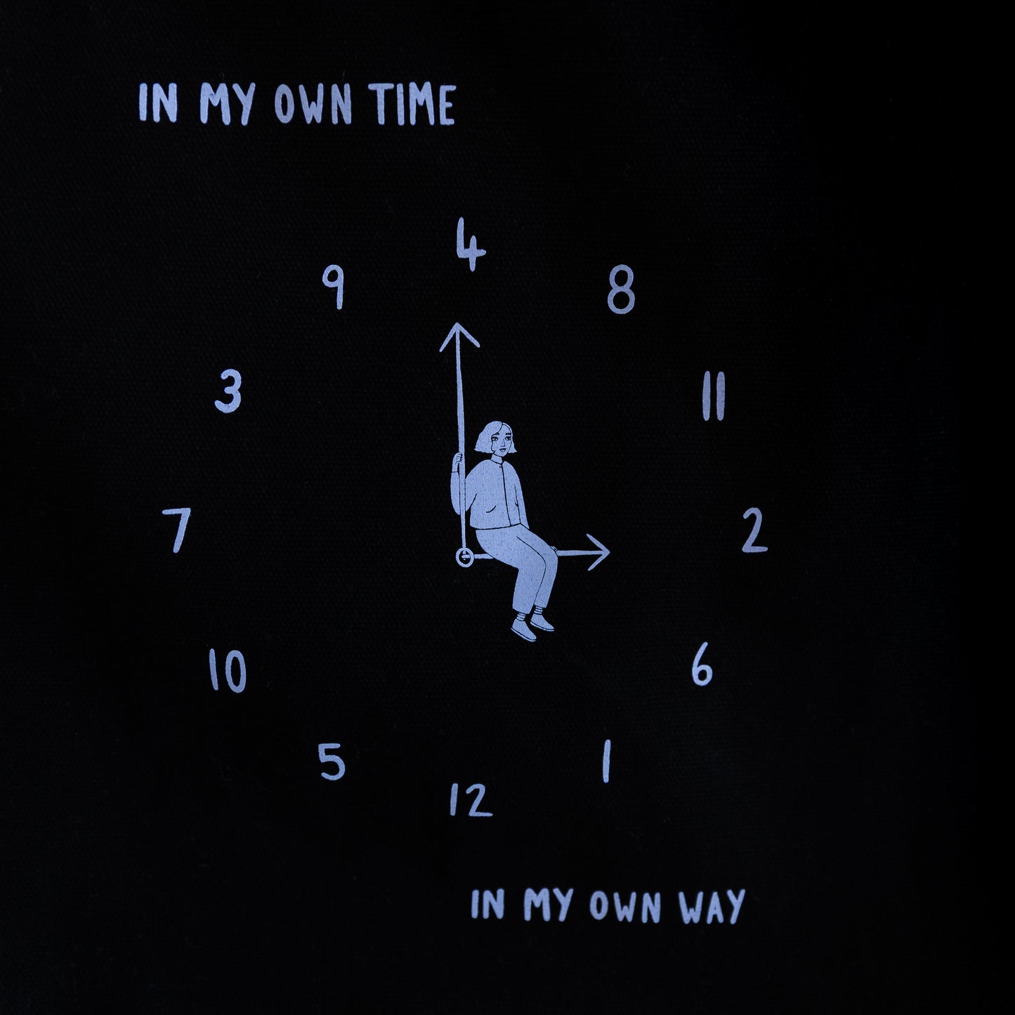 A close up photo of the print on the tote bag. A light blue analogue clock design with jumbled numbers and a person sitting on the hands, text 'In My Own Time' and 'In My Own Way' on a black background.