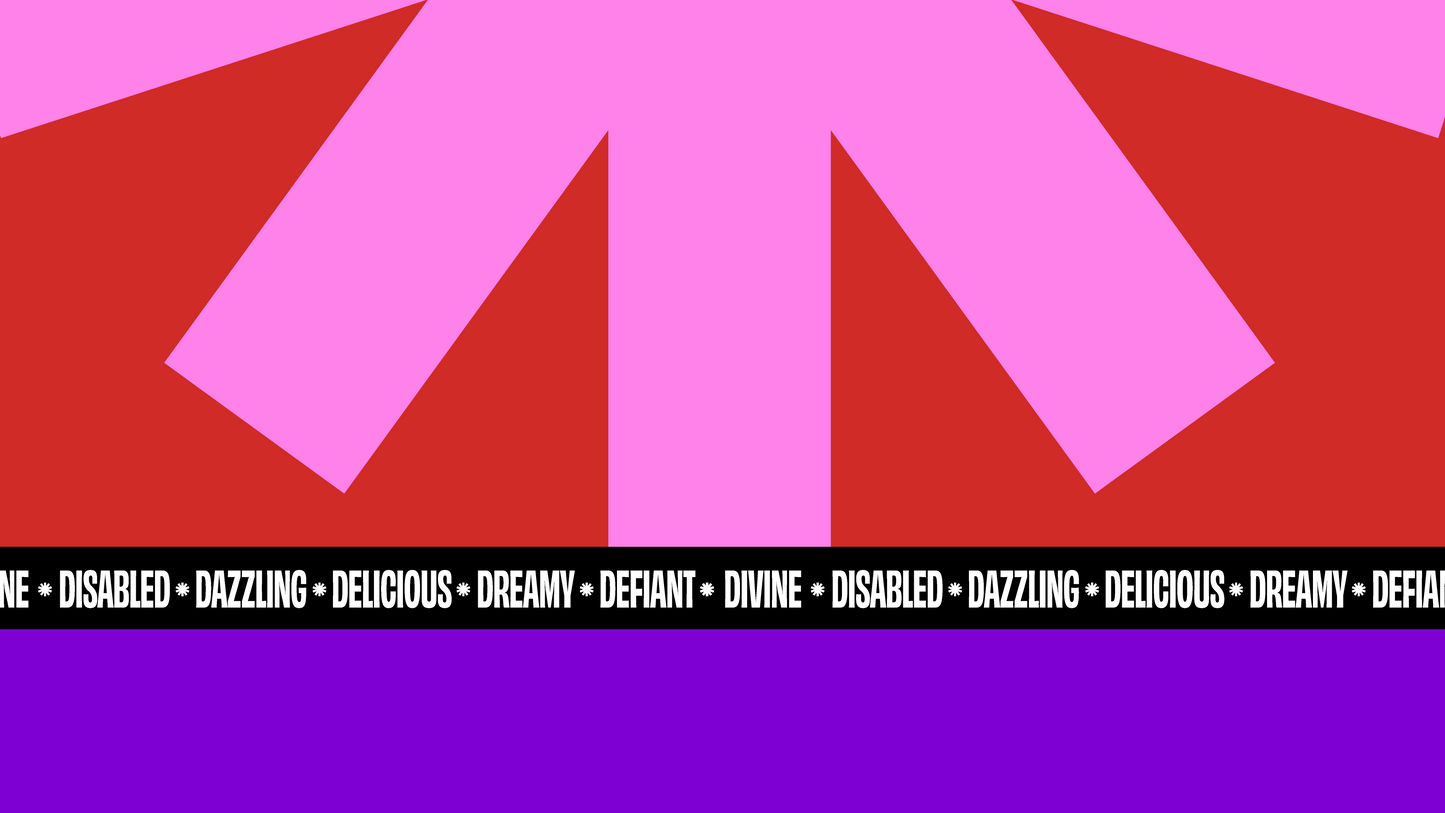 A desktop wallpaper with half of a pink tohuwhetū on a red background. Below, a black band with words like "dazzling" and "defiant" repeats across it, above a strip of purple.