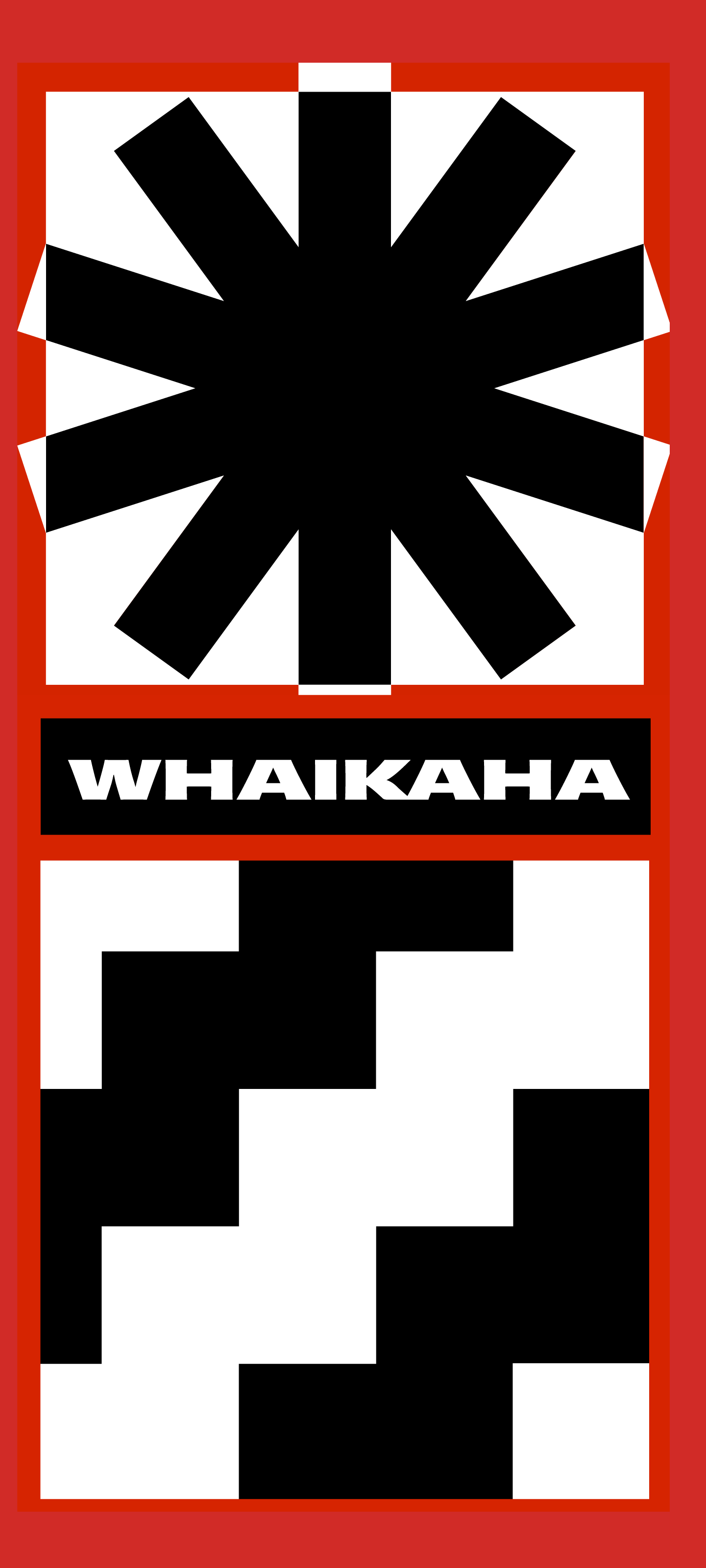 A mobile wallpaper of a red and black geometric design with a large black tohuwhetū on top. "Whaikaha" is written in bold below. Abstract black and white blocks at the bottom.