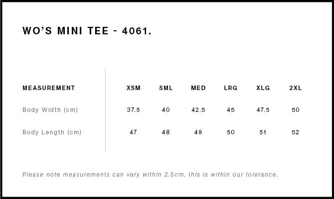 AS Colour Wo's Mini Tee size guide