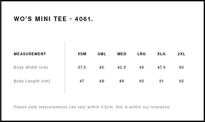 AS Colour Wo's Mini Tee size guide