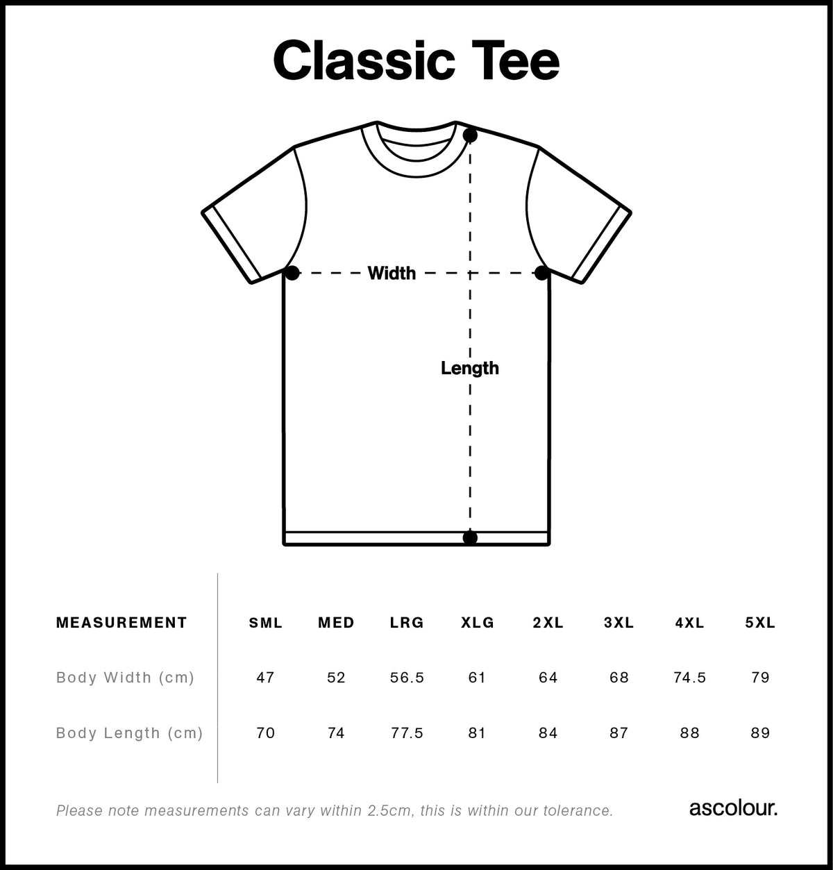 AS colour Classic Tee Size Guide