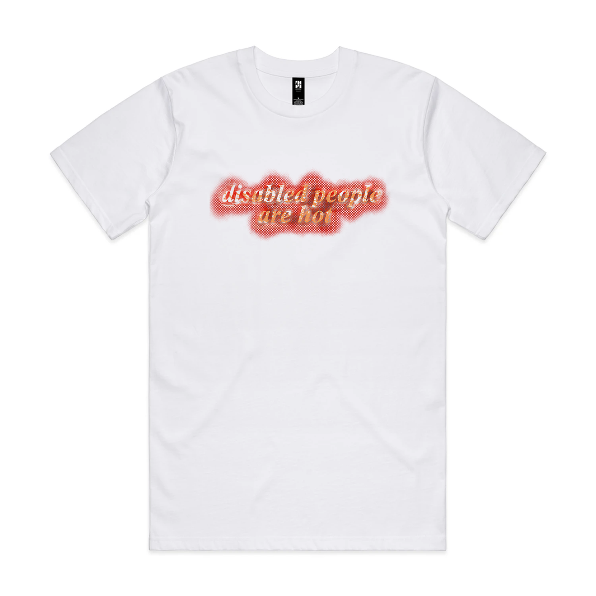 A white T-shirt printed with the words “disabled people are hot” in gold lettering over a red halftone shape.