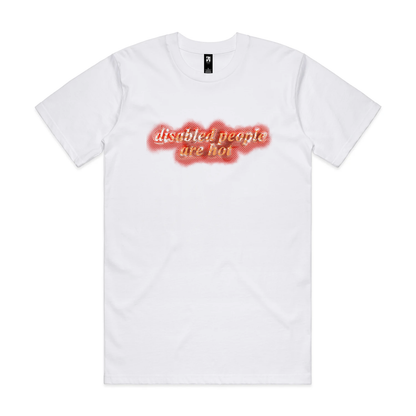 A white T-shirt printed with the words “disabled people are hot” in gold lettering over a red halftone shape.