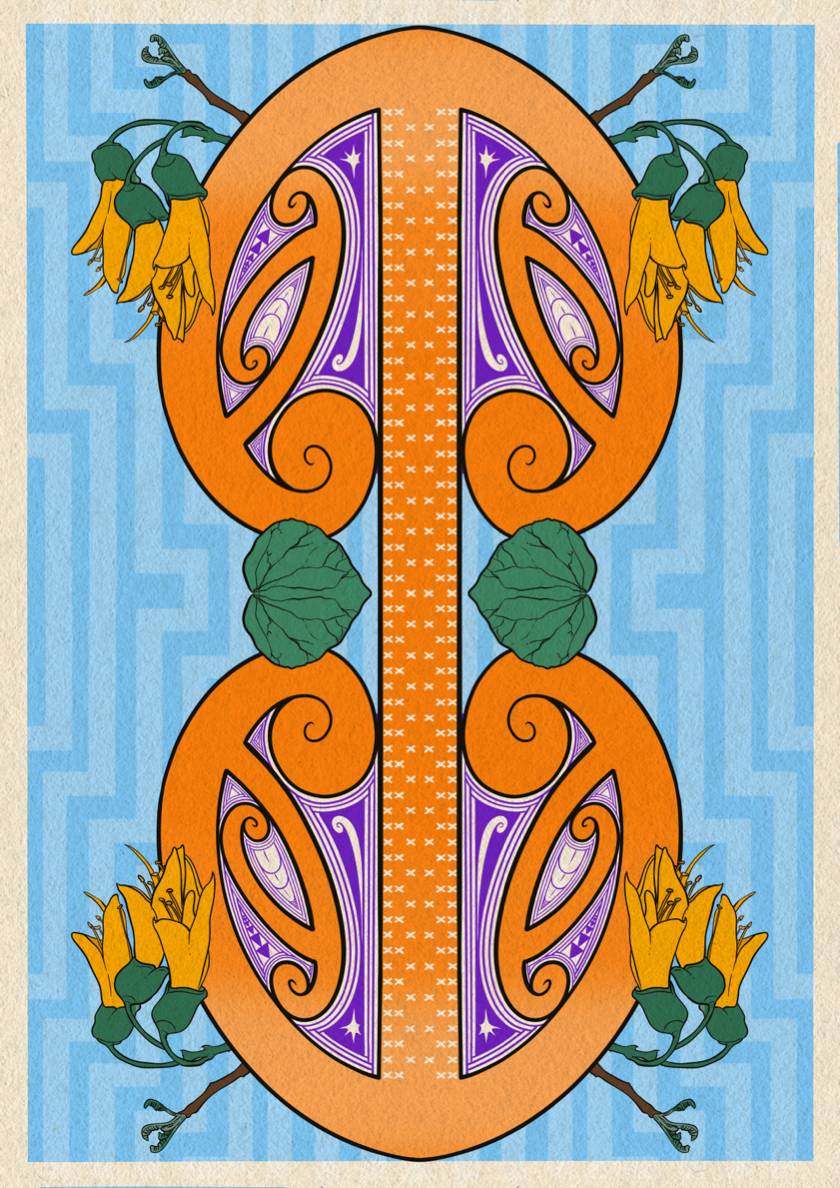 A mangopare fills the centre of the design, with orange and purple kōiri inside the two mangopare heads. The background has a subtle blue geometrical pattern and a beige border. Inside the body of the mango pare is a repeating pattern of 'x', purapura whetu. The mangopare is adorned with kōwhai branching out from both sides of each heads, and Kawakawa leaves on either side of the centre of the mangopare.