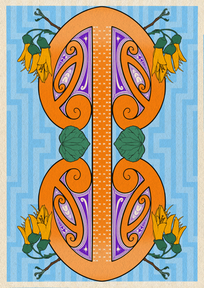 A mangopare fills the centre of the design, with orange and purple kōiri inside the two mangopare heads. The background has a subtle blue geometrical pattern and a beige border. Inside the body of the mango pare is a repeating pattern of 'x', purapura whetu. The mangopare is adorned with kōwhai branching out from both sides of each heads, and Kawakawa leaves on either side of the centre of the mangopare.