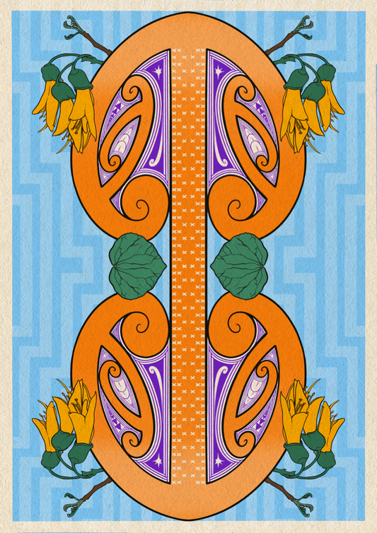 A mangopare fills the centre of the design, with orange and purple kōiri inside the two mangopare heads. The background has a subtle blue geometrical pattern and a beige border. Inside the body of the mango pare is a repeating pattern of 'x', purapura whetu. The mangopare is adorned with kōwhai branching out from both sides of each heads, and Kawakawa leaves on either side of the centre of the mangopare.