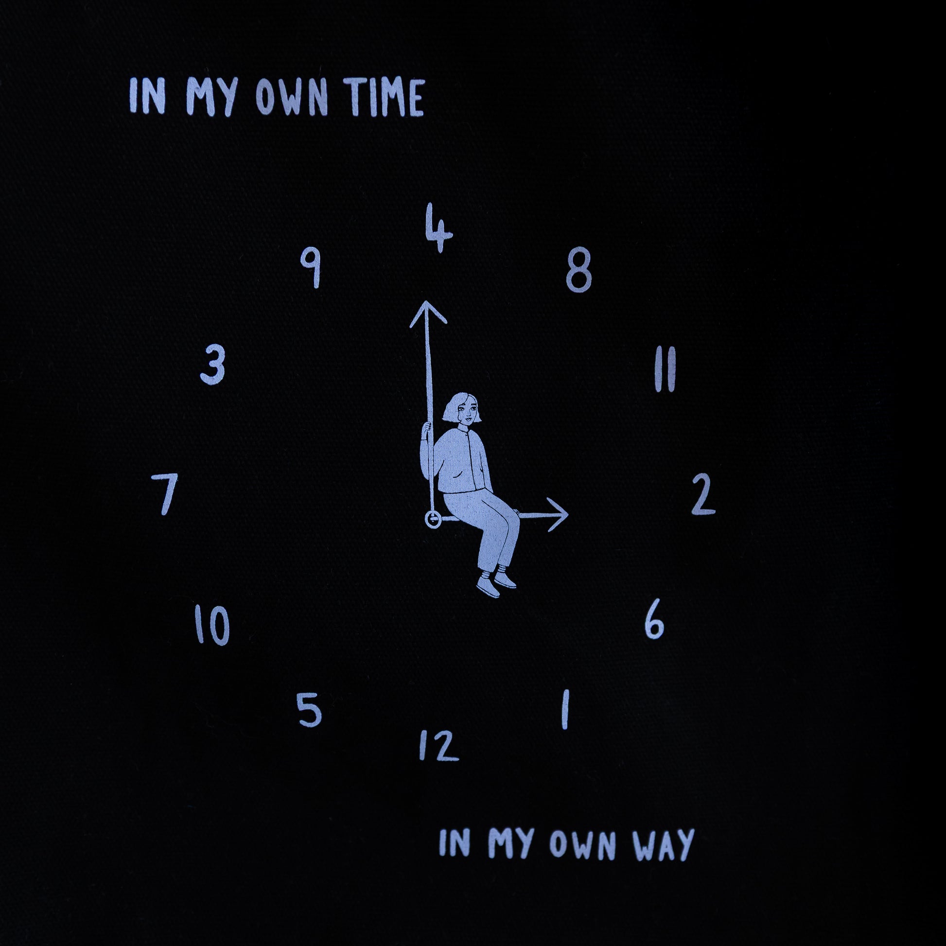 A close up photo of the print on the tote bag. A light blue analogue clock design with jumbled numbers and  a person sitting on the hands, text 'In My Own Time' and 'In My Own Way' on a black background.
