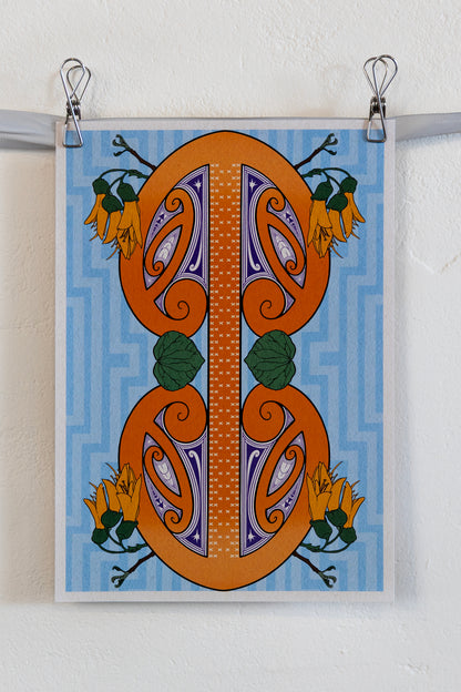 The print hung up on a silver ribbon against a white wall