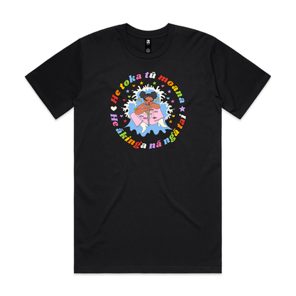A black T-shirt with a person with a moko kauae and a crutch amid a splash and stars, surrounded by colourful text reading “He toka tū moana, he ākinga nā ngā tai.”