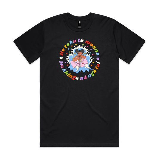 A black T-shirt with a person with a moko kauae and a crutch amid a splash and stars, surrounded by colourful text reading “He toka tū moana, he ākinga nā ngā tai.”