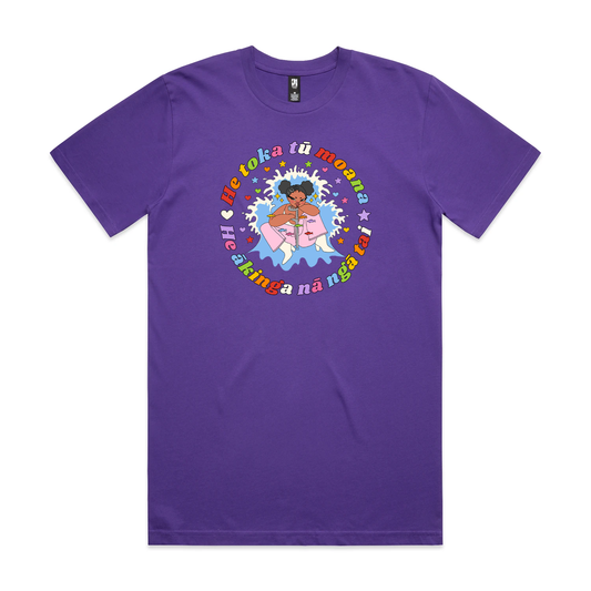 A purple T-shirt with a person with a moko kauae and a crutch amid a splash and stars, surrounded by colourful text reading “He toka tū moana, he ākinga nā ngā tai.”