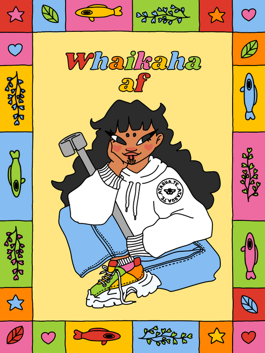 A cartoon person with long dark hair and moko kauai sits cross-legged in a white hoodie, jeans, and colorful sneakers They are holding a crutch; “Whaikaha af” appears above them. There is a colourful border which includes fish, leaves, stars and hearts.