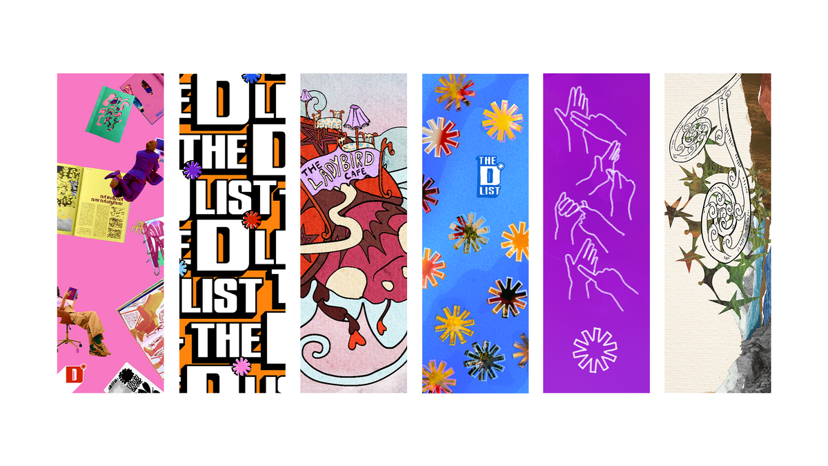 Six bookmark designs. 

The first is a pink design with people and zines.

The second is a bookmark with a cropped 'The D*List' repeated on an orange background.

The third is a bookmark with a design of "The Ladybird Cafe".

The fourth is a bookmark with tohuwhetū on a blue background.

The fifth is illustrations of hands spelling out NZSL in NZSL on a purple background.

The sixth is a koru design on a collage style background in the shape of a landscape.

