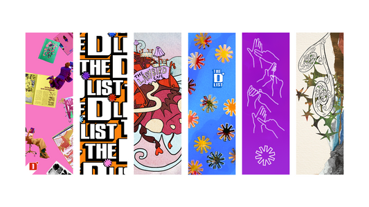 Six bookmark designs. 

The first is a pink design with people and zines.

The second is a bookmark with a cropped 'The D*List' repeated on an orange background.

The third is a bookmark with a design of "The Ladybird Cafe".

The fourth is a bookmark with tohuwhetū on a blue background.

The fifth is illustrations of hands spelling out NZSL in NZSL on a purple background.

The sixth is a koru design on a collage style background in the shape of a landscape.

