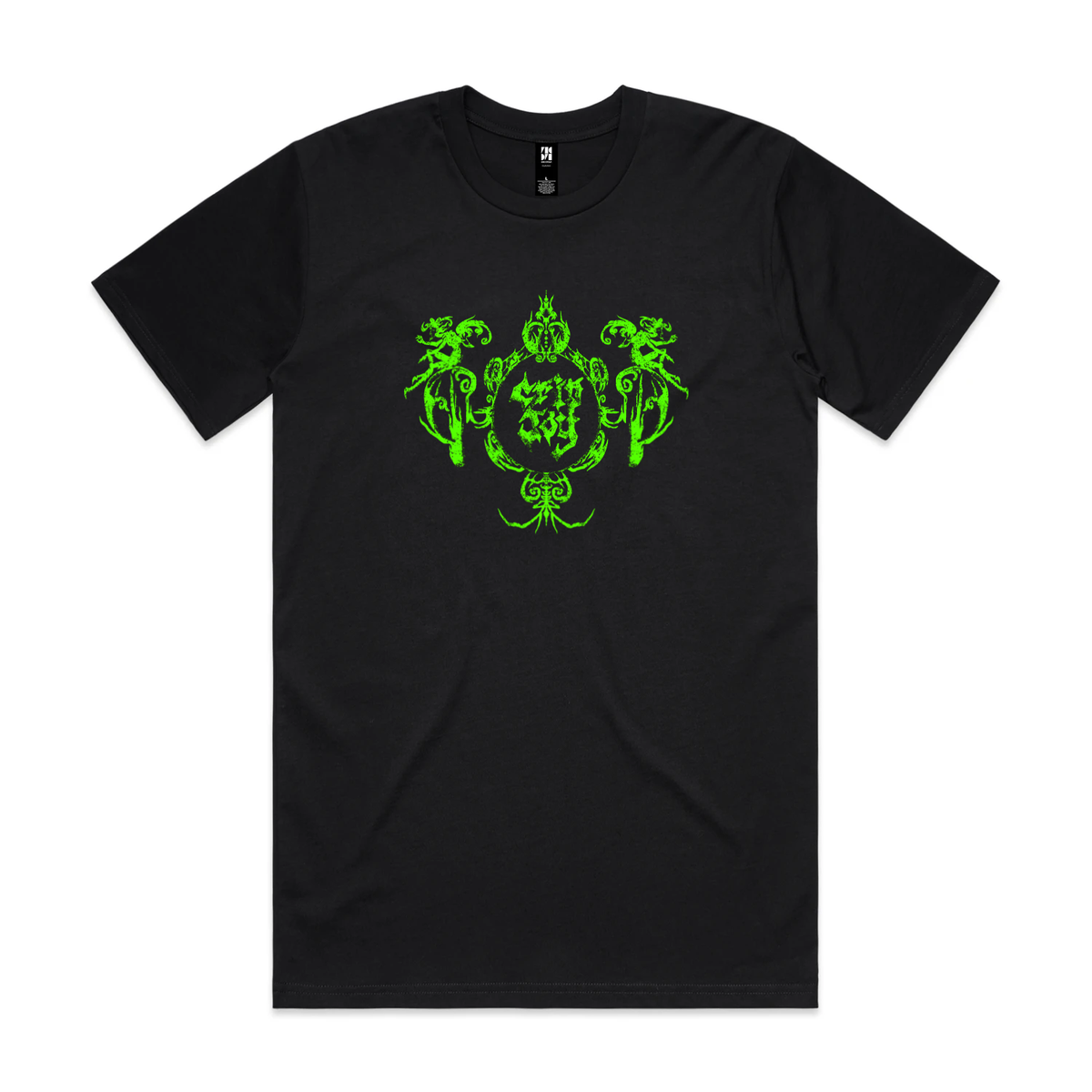 A black short-sleeved T-shirt with an ornate bright green symmetrical graphic of figures and decorative shapes across the chest. In the middle are the words "Crip Joy".