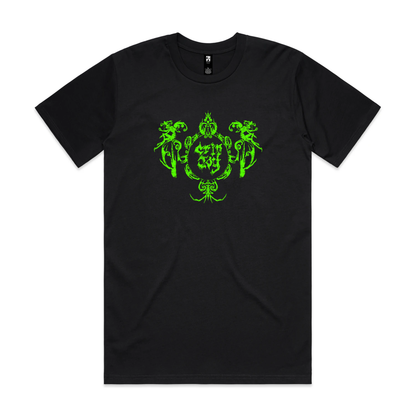 A black short-sleeved T-shirt with an ornate bright green symmetrical graphic of figures and decorative shapes across the chest. In the middle are the words "Crip Joy".