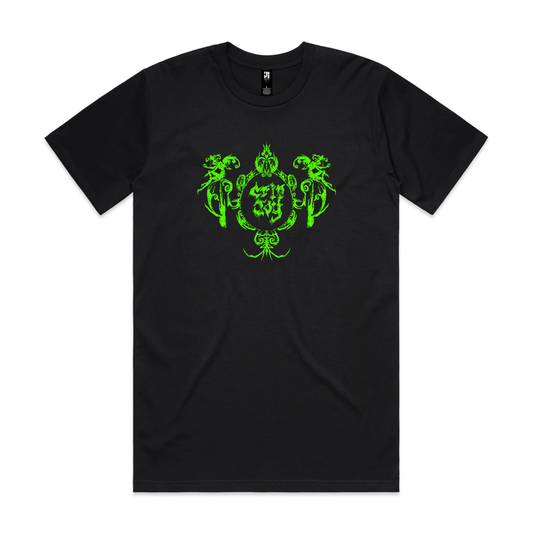 A black short-sleeved T-shirt with an ornate bright green symmetrical graphic of figures and decorative shapes across the chest. In the middle are the words "Crip Joy".