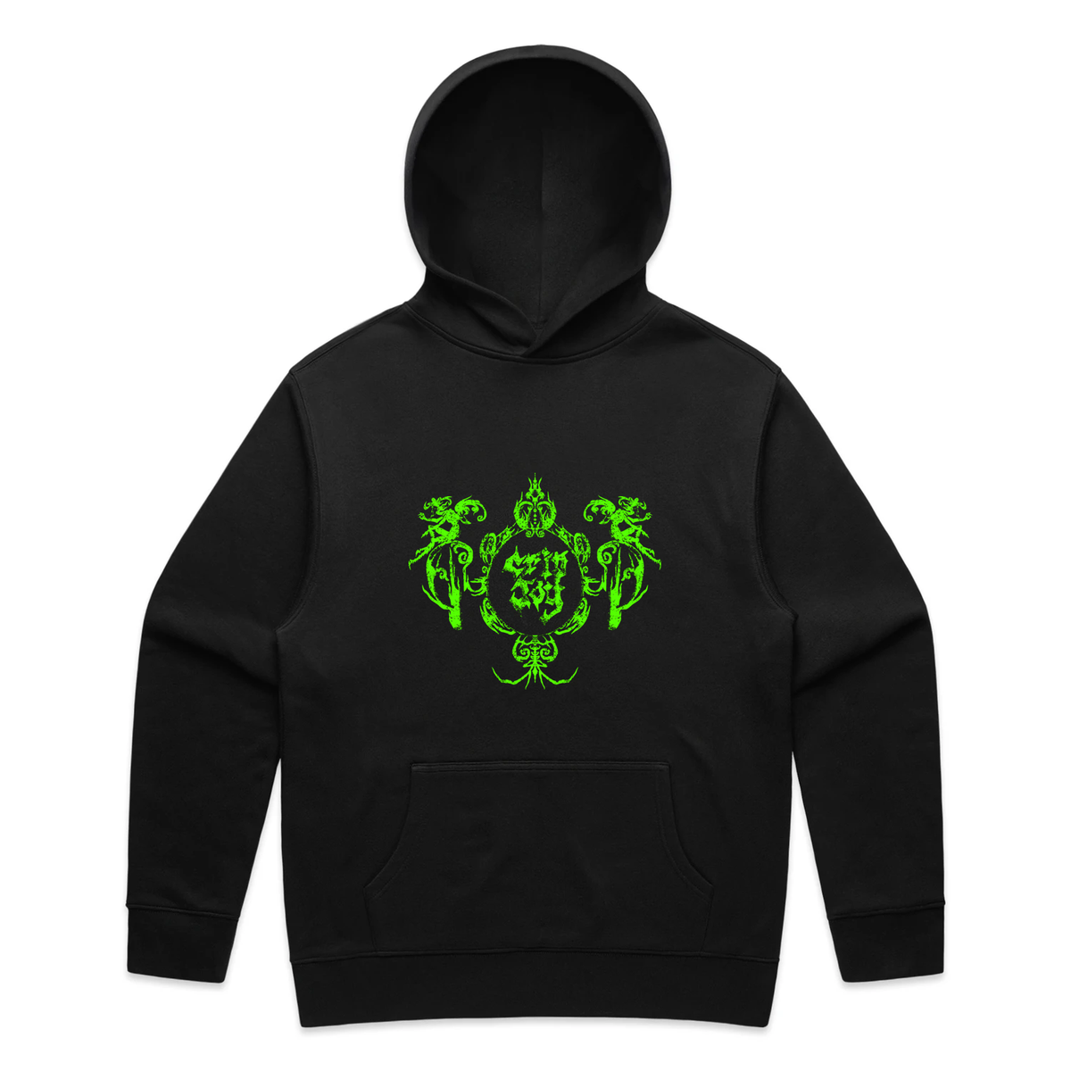 A black hoodie with an ornate bright green symmetrical graphic of figures and decorative shapes across the chest. In the middle are the words "Crip Joy".