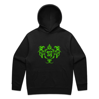 A black hoodie with an ornate bright green symmetrical graphic of figures and decorative shapes across the chest. In the middle are the words "Crip Joy".