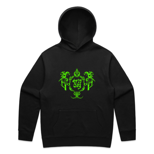 A black hoodie with an ornate bright green symmetrical graphic of figures and decorative shapes across the chest. In the middle are the words "Crip Joy".
