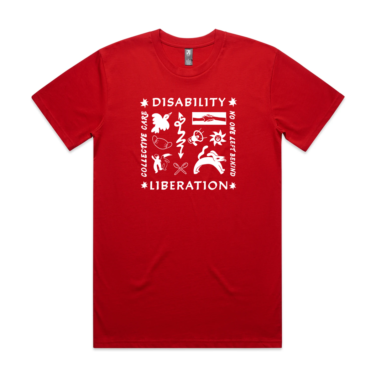 A red t-shirt with a white screen print of  text reading "Disability Liberation", "Collective Care" and "No One Left Behind" in a box surrounding the symbols. The symbols include a bird, a
wiggly arrow, hands holding each other, a mask: a megaphone, a smiley sun, two people dancing and spoons.